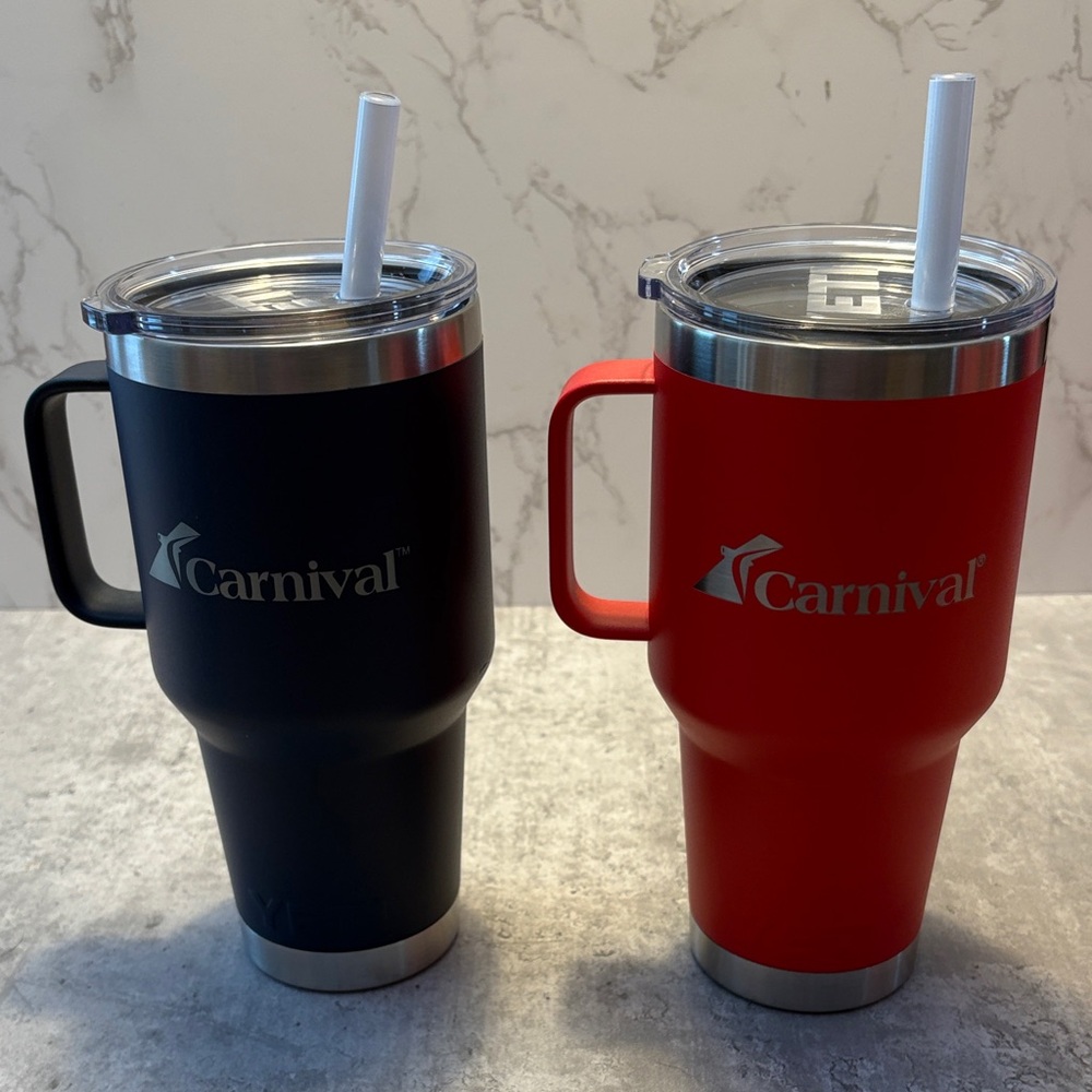 NWT pair of  Carnival cruise lines 35 ounce rambler tumblers by Yeti authentic